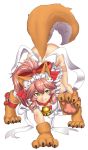 1girl :3 all_fours animal_ear_fluff animal_ears apron bell bell_collar breasts caster_(fate/extra) cleavage collar fang fate/grand_order fate/stay_night fate_(series) fox_ears fox_tail hair_ribbon large_breasts long_hair looking_at_viewer naked_apron no_panties open_mouth pink_eyebrows pink_hair red_collar ribbon simple_background solo tail tamamo_cat_(fate/grand_order) type-moon white_apron white_background yellow_eyes yui_sora