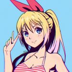  &gt;:) 1girl armpits bare_arms bare_shoulders blonde_hair blue_background blush collarbone comic hair_ribbon kirisaki_chitoge long_hair looking_at_viewer multicolored_hair nisekoi pink_hair ponytail qosic red_ribbon ribbon signature simple_background smile solo tareme two-tone_hair upper_body v 