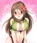  1girl amagi_(kantai_collection) bare_shoulders blush breasts brown_eyes brown_hair cleavage_cutout eko hair_between_eyes hair_ornament kantai_collection large_breasts leaf leaf_hair_ornament looking_at_viewer maple_leaf midriff mole mole_under_eye navel open_mouth ponytail remodel_(kantai_collection) 