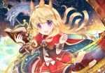  1girl :3 :d bangs blonde_hair book cagliostro_(granblue_fantasy) cape clouds crown dragon edel_(edelcat) fangs granblue_fantasy hairband long_hair looking_at_viewer night night_sky open_book open_mouth red_skirt ribbon skirt sky smile star star_(sky) teeth tiara violet_eyes wrist_cuffs 