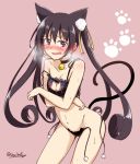  1girl animal_ears bell bell_choker black_hair black_panties blush bra breasts cat_cutout cat_ear_panties cat_ears cat_lingerie choker cleavage_cutout crossed_arms embarrassed jingle_bell long_hair looking_at_viewer navel original panties red_eyes side-tie_panties solo sweat tears twitter_username umeboshi_(lazy_lazy) underwear underwear_only untied 