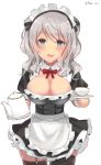  1girl alternate_costume apron black_dress black_legwear blue_eyes breasts choker cleavage_cutout cup dress edel_(edelcat) enmaided garter_straps highres kantai_collection kashima_(kantai_collection) large_breasts looking_at_viewer maid maid_headdress open_mouth ribbon_choker short_dress silver_hair teacup thigh-highs twintails waist_apron zettai_ryouiki 