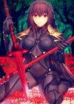  1girl absurdres brown_hair fate/grand_order fate_(series) flower highres holding_weapon kneeling long_hair looking_at_viewer red_eyes scathach_(fate/grand_order) solo 