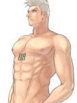  1boy abs bleach blue_eyes muguruma_kensei nipples shirtless simple_background solo tattoo ustaminuk white_background white_hair 