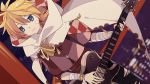  1boy bandaged_arm bandages bandaid bandaid_on_face blonde_hair blue_eyes cape checkered_clothing commentary_request electric_guitar guitar hair_between_eyes instrument kagamine_len lights night night_sky pants ponytail short_hair short_ponytail sky solo star tagme torn_clothes torn_pants vocaloid white_cape wind yoshiki zipper 