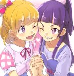  2girls asahina_mirai blonde_hair bow braid french_braid hair_bow holding_hands izayoi_liko long_hair looking_at_another mahou_girls_precure! multiple_girls one_eye_closed pink_background pink_bow precure purple_hair shirt short_hair smile toyosaka upper_body violet_eyes 