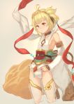  1girl adjusting_clothes ahoge anchira_(granblue_fantasy) blonde_hair breasts choker clouds cropped_legs detached_sleeves granblue_fantasy hairband leotard looking_down monkey_ears monkey_tail orange_eyes peroncho ribbon short_hair sideboob small_breasts solo thigh-highs wide_sleeves 