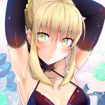  1girl alcoholrang arms_up blonde_hair blush elbow_gloves fate_(series) gloves lingerie saber saber_alter solo underwear yellow_eyes 
