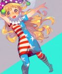  1girl american_flag_legwear american_flag_shirt bangs blonde_hair blush clownpiece collar end-or-123 freckles frilled_collar frills hat jester_cap long_hair looking_at_viewer open_mouth outstretched_arms pantyhose polka_dot red_eyes simple_background solo standing teeth touhou two-tone_background very_long_hair 
