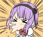  &gt;_&lt; 1girl blush chibi closed_eyes dagashi_kashi flower hair_flower hair_ornament hair_ribbon hairband highres purple_hair ribbon shidare_hotaru short_hair sneezing solo tears vycma 