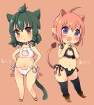  2girls ahoge animal_ears bell black_bra black_hair black_legwear black_panties blush boots bra braid brown_eyes brown_hair cat_ears cat_lingerie cat_panties cat_print collar final_fantasy final_fantasy_xiv flat_chest hands_on_hips jingle_bell lalafell multiple_girls navel open_mouth panties pointy_ears pout print_panties sandals short_hair side-tie_panties tail thigh-highs twin_braids underwear violet_eyes white_bra white_panties 