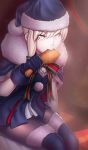  1girl black_gloves black_legwear blonde_hair bow bowtie chicken_(food) eating fate/grand_order fate/stay_night fate_(series) food gloves hat klon looking_at_viewer pantyhose saber saber_alter santa_costume santa_hat solo thigh-highs yellow_eyes 