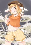  1girl animal_ears blonde_hair blush bunny_tail cowboy_shot dango food hat licking_lips looking_at_viewer midriff nanana_(chicken_union) navel orange_shirt rabbit_ears red_eyes ringo_(touhou) shirt solo striped_shorts tail tongue tongue_out touhou wagashi 