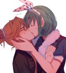  2girls aoki_shizumi blush brown_eyes brown_hair closed_eyes french_kiss glasses hair_bun hair_ribbon idolmaster idolmaster_million_live! kiss multiple_girls polka_dot_ribbon ribbon saliva saliva_trail sweatdrop tenkuubashi_tomoka tokugawa_matsuri white_background yuri 