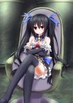  1girl bare_shoulders black_hair blush breasts chair crossed_arms crossed_legs hair_ornament hair_ribbon long_hair looking_at_viewer mizunashi_(second_run) neptune_(series) noire open_mouth red_eyes ribbon sitting solo thigh-highs twintails 