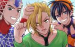  3boys black_eyes black_hair blonde_hair blue_sky brown_eyes clouds earrings grin guido_mista hairband hand_on_another&#039;s_head hat jewelry jojo_no_kimyou_na_bouken male_focus multiple_boys narancia_ghirga necktie nezumoto open_mouth pannacotta_fugo sky smile touching violet_eyes 