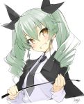 1girl anchovy black_ribbon blush cape drill_hair girls_und_panzer green_hair grin hair_ribbon minoa_(lastswallow) necktie ribbon simple_background smile solo teeth twin_drills whip white_background yellow_eyes 