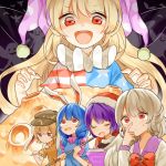  5girls american_flag_shirt animal_ears blonde_hair blue_hair book bow bowtie breasts cleavage clownpiece collar dango doremy_sweet fairy_wings finger_to_face food frilled_collar frills hat jester_cap kishin_sagume long_hair mallet misha_(hoongju) moon multiple_girls open_mouth polka_dot puffy_short_sleeves puffy_sleeves rabbit_ears red_bow red_eyes ringo_(touhou) saliva seiran_(touhou) short_hair short_sleeves silver_hair single_wing sleeveless sweatdrop touhou very_long_hair wagashi wings 