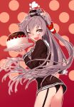  amatsukaze_(kantai_collection) blew_andwhite brown_eyes cake dress food highres kantai_collection long_hair one_eye_closed silver_hair smile two_side_up 