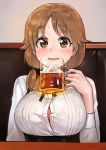  1girl absurdres ameyame beer_mug blush breasts brown_eyes brown_hair cleavage highres holding idolmaster idolmaster_cinderella_girls katagiri_sanae large_breasts open_mouth short_hair short_twintails solo sweat twintails unbuttoned 