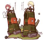  2girls ? alien blonde_hair chibi commentary_request crossover cup darjeeling girls_und_panzer holding long_hair mars_people metal_slug military military_vehicle multiple_girls nuu_(nu-nyu) pink_hair rosehip smile tank teacup translation_request vehicle 