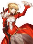  1girl aestus_estus ahoge blonde_hair braid breasts cleavage commentary_request dress epaulettes fate/extra fate/grand_order fate_(series) french_braid green_eyes hair_intakes hair_ribbon highres juliet_sleeves large_breasts long_sleeves looking_at_viewer minamina nero_claudius_(fate) nero_claudius_(fate)_(all) panties pantyshot pantyshot_(standing) puffy_sleeves red_dress red_ribbon ribbon saber_extra see-through smile solo standing sword underwear weapon white_panties wide_sleeves yellow_eyes 