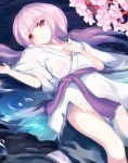  1girl cherry_blossoms hand_on_own_chest highres igakusei japanese_clothes kimono long_hair looking_at_viewer lying on_back partially_submerged pink_eyes pink_hair sash solo very_long_hair water wide_sleeves yukata yuu-gi-ou 