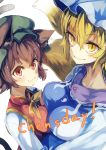  2girls animal_ears bei_mochi chen hat highres jewelry long_sleeves looking_at_viewer mob_cap multiple_girls multiple_tails ribbon short_hair smile tail touhou yakumo_ran 