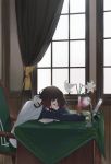  1girl brown_hair chair curtains desk flower hayashi_kewi jacket_on_shoulders kantai_collection lily_(flower) long_sleeves military military_uniform mutsuki_(kantai_collection) sitting sleeping solo uniform vase window 
