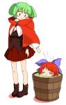  2girls :&gt; :3 =_= blue_bow blush_stickers bow bucket cape green_hair hair_bobbles hair_bow hair_ornament harusame_(unmei_no_ikasumi) kisume long_sleeves multiple_girls red_skirt redhead sekibanki shoes short_hair simple_background skirt standing touhou twintails water white_background wide_sleeves 