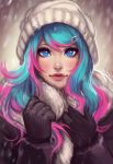  1girl 2016 artist_name bangs beanie black_gloves blue_hair blush coat enijoi eyelashes fur-trimmed_coat fur_trim gloves hair_ornament hairclip hat light_smile lipgloss lips long_hair long_sleeves looking_at_viewer makeup mascara mole mole_under_eye motion_blur multicolored_hair original parted_lips pink_hair snowflakes snowing solo swept_bangs two-tone_hair upper_body winter_clothes winter_coat 