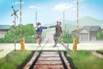  2boys backpack bag baseball_cap black_hair blue_sky building clouds eye_contact free! full_body grass hana_bell_forest hat holding_hands jacket looking_at_another male_focus matsuoka_rin mountain multiple_boys nanase_haruka_(free!) open_mouth outdoors pants puffy_coat pulled_by_another railroad_crossing railroad_tracks redhead scarf shoes short_hair sky smile sneakers standing tree 