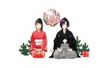  1boy 1girl black_hair brown_eyes facing_viewer flower flower_request hakama hands_on_lap happy_new_year highres japanese_clothes kimono multicolored_hair new_year obi pine_tree pink_flower poaro real_life_insert sash seiza simple_background sitting smile translated tree tree_branch two-tone_hair white_background 