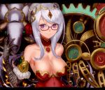  1girl bare_shoulders breasts cleavage clock elbow_gloves glasses gloves jyon letterboxed puzzle_&amp;_dragons smile solo upper_body urd_(p&amp;d) violet_eyes white_hair 