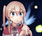  1girl anchor blue_eyes brown_hair capelet commentary_request graf_zeppelin_(kantai_collection) holding ido_(teketeke) kantai_collection long_hair sky solo squid star_(sky) starry_sky triangle_mouth twintails 