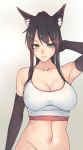  1girl animal_ears arm_behind_head black_gloves black_hair bottomless breasts brown_eyes cleavage elbow_gloves female fox_ears gloves kubo_(artist) large_breasts long_hair looking_at_viewer original parted_lips solo sweat tank_top upper_body 