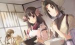  1boy 2girls ahoge animal_ears anju_(utawarerumono) black_hair blush_stickers bow bowl braid brown_eyes brown_hair choker cooking cream detached_sleeves eating frills hair_bow hair_intakes haku_(utawareru_mono) japanese_clothes long_hair miton_(ton321) multiple_braids multiple_girls rurutie_(utawareru_mono) sitting sketch sleeves_rolled_up smile spatula tail twin_braids utawareru_mono utawareru_mono:_itsuwari_no_kamen window yellow_eyes 