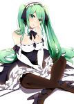  1girl bare_shoulders black_legwear breasts cleavage elbow_gloves gloves green_eyes green_hair hair_ribbon hairband high_heels highres indian_style large_breasts leg_garter lolita_hairband long_hair looking_at_viewer original ribbon shirt sitting skirt sleeveless sleeveless_shirt solo strapless thighs twintails umakatsuhai very_long_hair white_gloves 