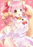 1girl animal_ears apron bell bell_collar blush breasts caster_(fate/extra) chocolate chocolate_between_breasts chocolate_heart cleavage collar covered_nipples fangs fate/grand_order fate/stay_night fate_(series) fox_ears fox_tail hair_ribbon heart highres large_breasts long_hair looking_at_viewer naked_apron no_bra no_panties no_underwear open_mouth pink_hair ribbon shinonome86 solo tail tamamo_cat_(fate/grand_order) type-moon yellow_eyes