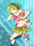  1girl ;d ahoge ankle_boots badge bare_shoulders blue_background blue_legwear boots bracelet breasts buckle buttons cable cleavage collarbone digital_media_player english green_eyes green_hair green_skirt gumi hairband hand_on_headphones headphones highres holding jewelry kneehighs leg_up musical_note navel off-shoulder_shirt one_eye_closed open_mouth pink_boots plaid plaid_skirt pleated_skirt polka_dot polka_dot_bracelet purple_ribbon ribbon round_teeth sakia shirt short_hair simple_background skirt sleeve_cuffs smile smiley_face solo standing stomach striped striped_background tareme teeth vocaloid 