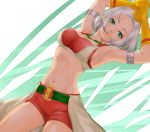  1girl ahoge armlet breasts cleavage dragon_quest dragon_quest_x dutch_angle earrings gloves green_eyes jewelry kosuga_kumi midriff necklace riin_(dq) short_hair shorts silver_hair solo yellow_gloves 