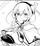  1girl blush capelet celtic_knot graf_zeppelin_(kantai_collection) hair_ornament hat holding holding_hat itomugi-kun kantai_collection monochrome peaked_cap ribbon solo 