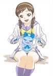  1girl bow braid brown_eyes brown_hair creature dog dokidoki!_precure gonta_(kmga) hairband kneehighs long_hair precure rakeru_(dokidoki!_precure) school_uniform serafuku sitting smile twin_braids white_background yashima_chihiro yellow_bow 