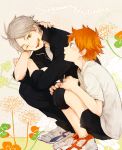  2boys blush brown_eyes character_name crossed_arms eye_contact facial_mark flower full_body grey_hair haikyuu!! hand_on_own_neck hinata_shouyou knee_pads looking_at_another male_focus mole multiple_boys one_eye_closed open_mouth orange_hair profile shina-love shirt shoes short_hair shorts sleeves_rolled_up smile sneakers socks squatting sugawara_koushi t-shirt track_suit white_shirt 