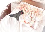 2girls bed bed_sheet black_clothes blonde_hair closed_eyes dress expressionless fairy_wings lily_black lily_white long_hair looking_at_another lying multiple_girls navel on_side red_eyes see-through sleepwear smile touhou white_dress wings z.o.b 