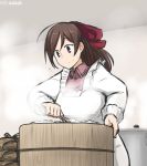  1girl ahoge brown_hair collar commentary dated flying_sweatdrops frilled_collar frilled_sleeves frills hair_ornament hair_ribbon hairclip hamu_koutarou kantai_collection kappougi long_hair mamiya_(kantai_collection) ponytail pot ribbon rice rice_spoon simple_background solo steam sweat 