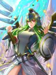 1girl armor athena_(p&amp;d) bracer dress green_hair helmet highres kisina long_hair looking_at_viewer nail_polish polearm puzzle_&amp;_dragons red_eyes sheath sheathed shield solo spear sword weapon wings 