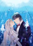  1boy 1girl air_bubble black_hair blonde_hair bow bowtie bridal_veil closed_eyes crying dress erina_pendleton from_side hair_over_eyes incipient_kiss jojo_no_kimyou_na_bouken jonathan_joestar long_neck streaming_tears suzuki_(szkerc) tears tuxedo underwater veil wedding_dress 