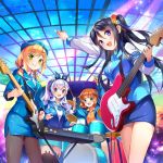  4girls :d animal_ears animal_print ann_(krt_girls) aqua_eyes black_hair black_legwear blush brown_eyes brown_hair drum drum_set drumsticks electric_guitar emilia_(krt_girls) formal green_eyes guitar hair_ornament hat headphones instrument jacket keyboard_(instrument) krt_girls long_hair looking_at_viewer multiple_girls nana_(krt_girls) necktie open_mouth pantyhose pencil_skirt ponytail rabbit_ears short_hair silver_hair skirt smile stellarism suit teeth thigh-highs twintails violet_eyes xiao_qiong 