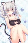  1girl absurdres animal_ears artist_request bell bell_choker black_bra black_panties blush bra breasts cat_cutout cat_ear_panties cat_ears cat_lingerie cat_tail choker cleavage cleavage_cutout grey_eyes highres jingle_bell kantai_collection kashima_(kantai_collection) large_breasts long_hair looking_at_viewer panties side-tie_panties sidelocks silver_hair sitting solo tail tsurime twintails underwear underwear_only wavy_hair 